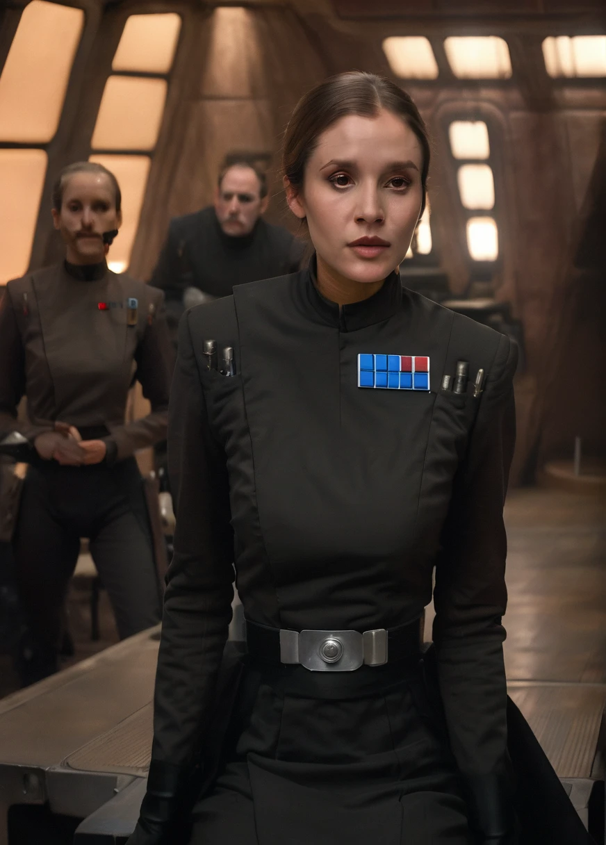 high resolution photo face close-up of p4dme woman sitting in a star wars cantina,looking at camera,black uniform,hair chignon,full body shot,Imperial officer wearing a (color) uniform depth of field,volumetric lighting,sunrise,(surreal dramatic lighting shadow) Waiting to start
