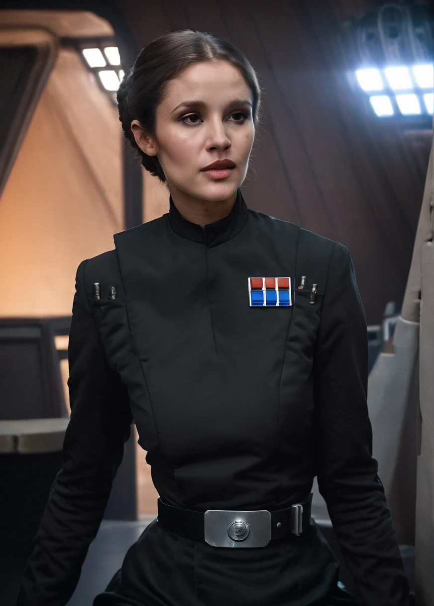 high resolution photo face close-up of p4dme woman sitting in a star wars cantina,looking at camera,black uniform,hair chignon,full body shot,Imperial officer wearing a (color) uniform depth of field,volumetric lighting,sunrise,(surreal dramatic lighting shadow) Waiting to start
