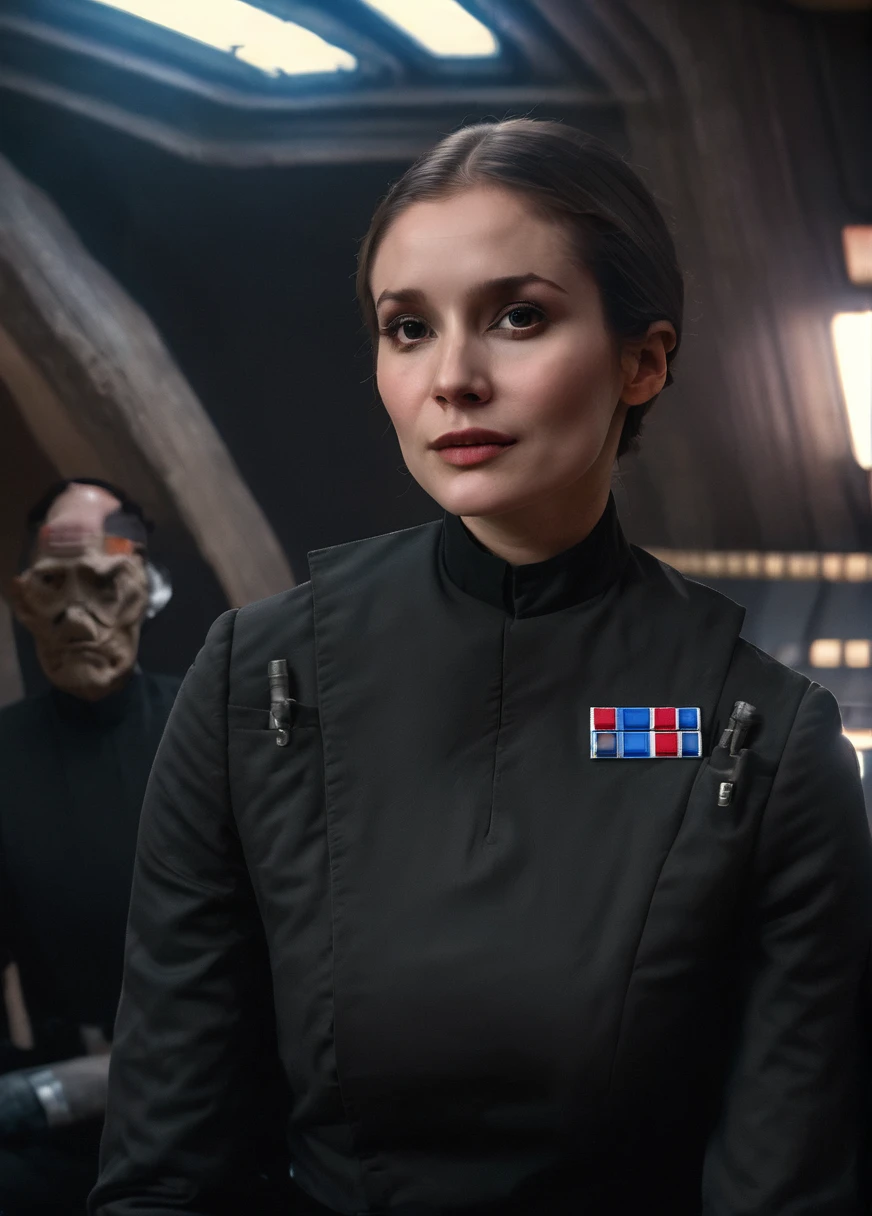 high resolution photo face close-up of p4dme woman sitting in a star wars cantina,looking at camera,black uniform,hair chignon,full body shot,Imperial officer wearing a (color) uniform depth of field,volumetric lighting,sunrise,(surreal dramatic lighting shadow) Waiting to start
