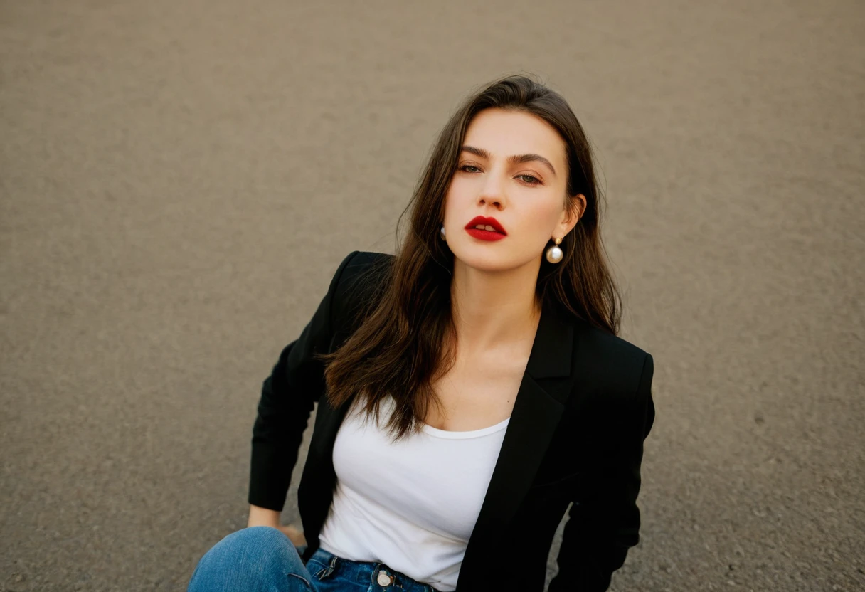color digital photograph of Lucie Prochazka a woman from czech republic wearing (a black blazer), (a white t-shirt), (black skinny jeans), (black ankle boots), (pearl earrings), (red lipstick), and Slingbacks shoes shot on Nikon Z9 by Denis Karasev, 26 years old, pale skin, ((long hair)), tiny figure, small breasts, feeling (feeling Hate, Intense, Hostile, Aversion, Anger, Resentment, Disgust, Animosity, Hostility, Loathing, Malice, face: Scowl, Frown, Glare, Narrowed Eyes, Sneer, Lip Curl, Tense Jaw, Raised Eyebrows, Cold Stare, Contempt), at golden hour,full body, masterpiece, natural lighting, (outdoor setting:1.2), warm tones, side lighting, natural skin details, 4k, UHD, masterpiece, detailed eyes, detailed face, detailed skin, perfect hands, perfect feets, photo, high skin detail, moles, imperfect skin, ultra realism, RAW photo, subsurface scattering