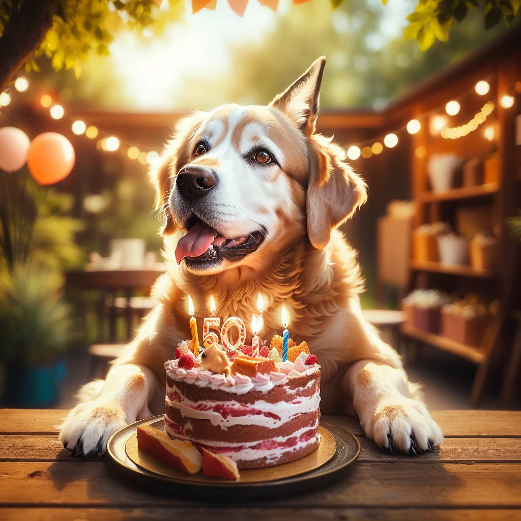 araffe dog sitting in front of a birthday cake with lit candles, he is about 50 years old, he is about 5 0 years old, 5 0 years old, 50 years old, happy birthday, 50, years old, award - winning pet photography, celebrating a birthday, by Matt Cavotta, 5 years old, 500px