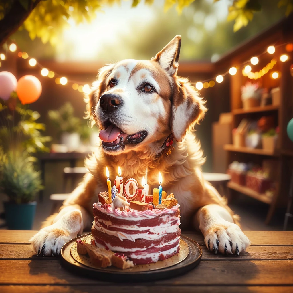 araffe dog sitting in front of a birthday cake with lit candles, he is about 50 years old, he is about 5 0 years old, 5 0 years old, 50 years old, happy birthday, 50, years old, award - winning pet photography, celebrating a birthday, by Matt Cavotta, , 500px