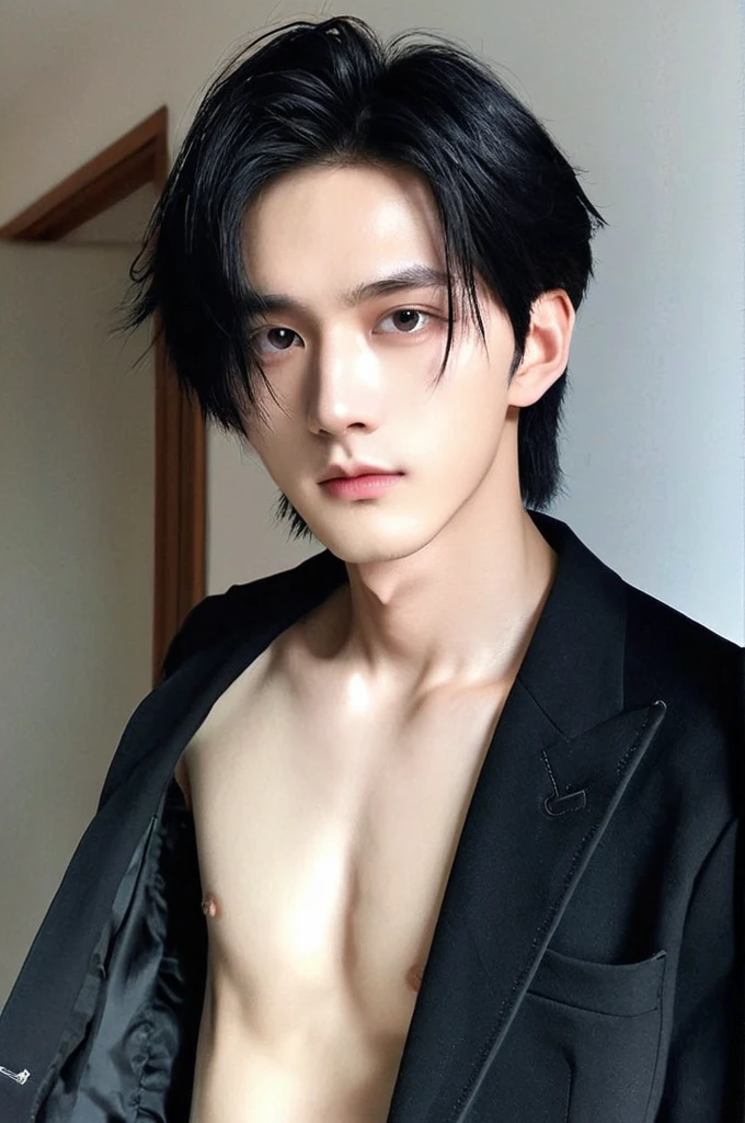 One boy、Young man with black hair(Mash Straight)((Long Hair)),With nape、Long enough to cover the earale K-Pop Idols、Levi Ackerman、Medium portrait、chop、Beautiful Model、Oval Face、Vivid、Selfie、(In a dark room)、The whole body is shown、((Full body photo))