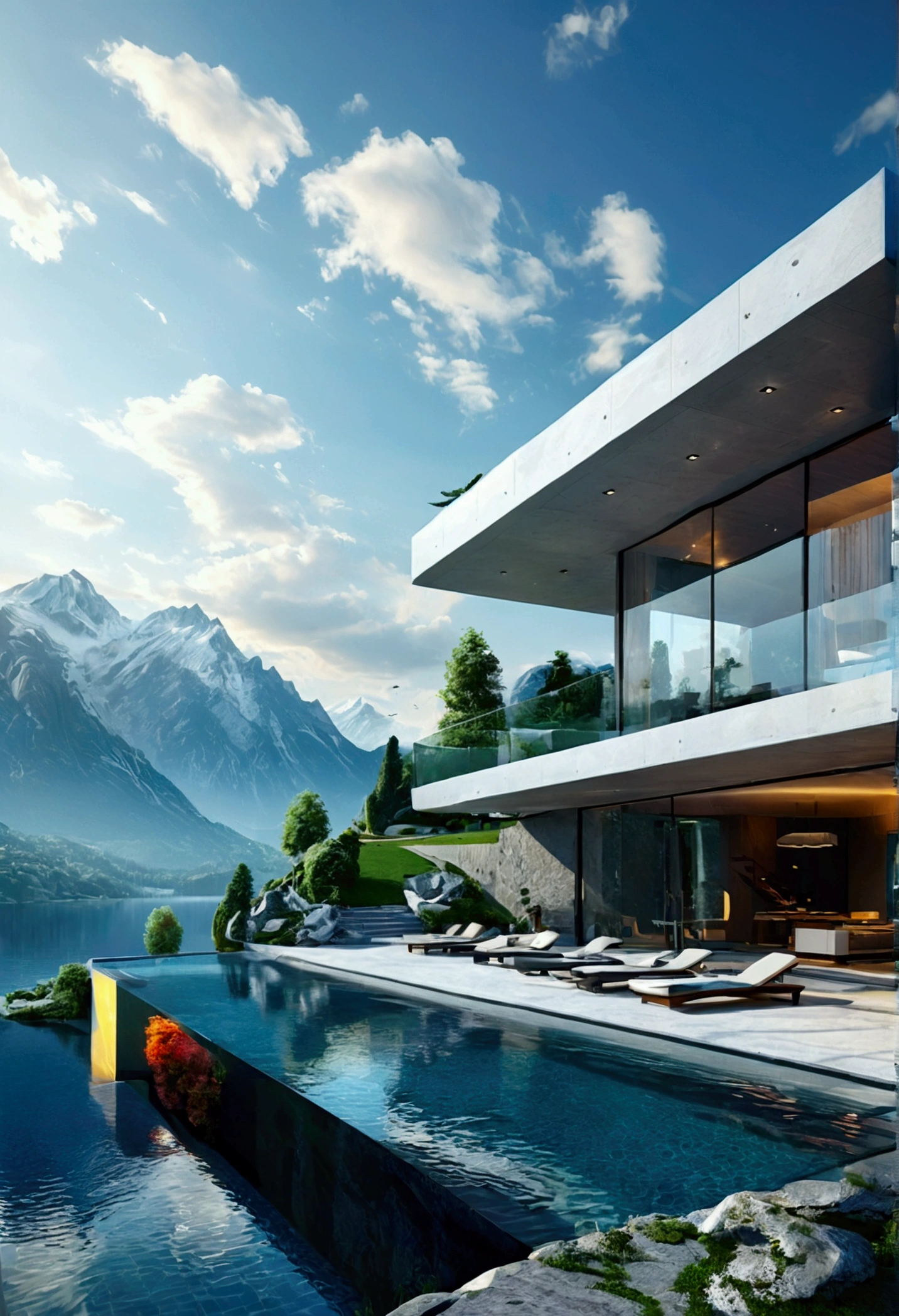 Futuristic technology house, 3-storey building, Towards the mountains, Lake view, Large swimming pool, Modern architectural style, Highly detailed photos, building, Complex , Shadow, High Dynamic Range, Dynamic Light, Realistic, Lightweight and naturally soft, 低H, masterpiece, 8K detailed. Lots of details, Floor-to-ceiling glass, Fusion of technology and the natural environment, It&#39;s really cool.,