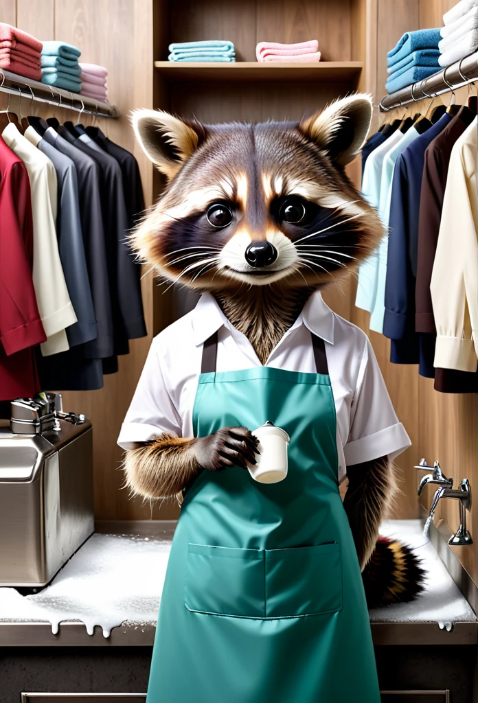 Raccoon Dry Cleaner,Hand washable for a beautiful finish,The best reputation in town,Always busy,Work clothes include an apron,Foamy front paws