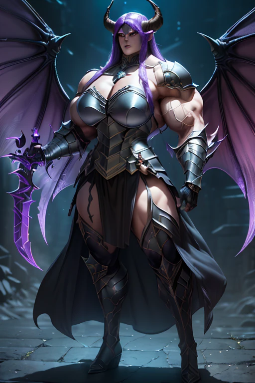 ((Massive beautiful, buff, pale white skinned muscular dark paladin woman with violet purple hair, giant demon wings, black lipstick, ginormous bulky muscles, carrying a giant sword and wearing full black demonic paladin knight armored with a long tiered skirt)), ((close view)), large breast, massive muscles, massive biceps, hyper muscle shoulders, (giant demon wings), hyper muscle triceps, (long hair no hair), black eyes, (demon Paladin boots), (demon armor), (long tiered skirt), breastplate, (demonic gauntlets), (Shoulder armor), closed smile, (in a fire hellish castle), (Dark and moody universe:1.3), Vascular arms, hyper muscles arms, hyper muscle legs, massive buff arms.