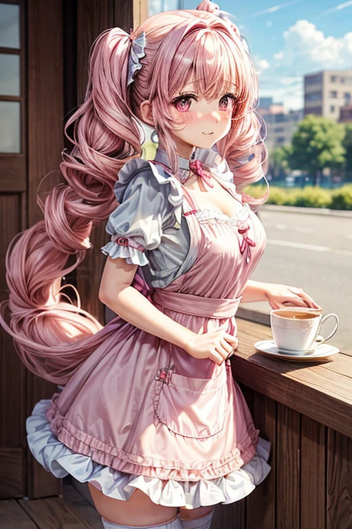 One girl,Cafe Waitress,Pink Hair,Twin tails,big tail,Curly Hair,Pink ta Maid,apron,Pink Eyes,blush,Embarrassed face,Girl with small,Small breasts,美しい,かわいい