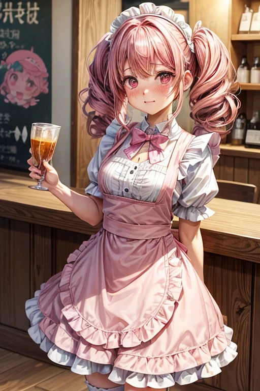 One girl,Cafe Waitress,Pink Hair,Twin tails,big tail,Curly Hair,Pink Lolita Maid,apron,Pink Eyes,blush,Embarrassed face,Girl with small,Small breasts,美しい,かわいい