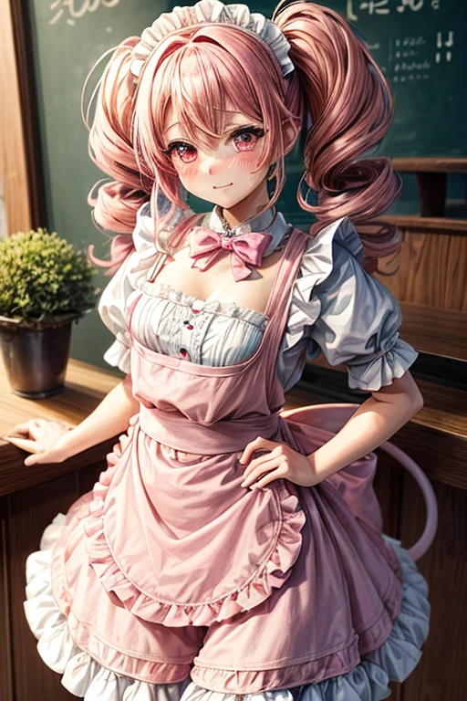 One girl,Cafe Waitress,Pink Hair,Twin tails,big tail,Curly Hair,Pink ta Maid,apron,Pink Eyes,blush,Embarrassed face,Girl with small,Small breasts,美しい,かわいい