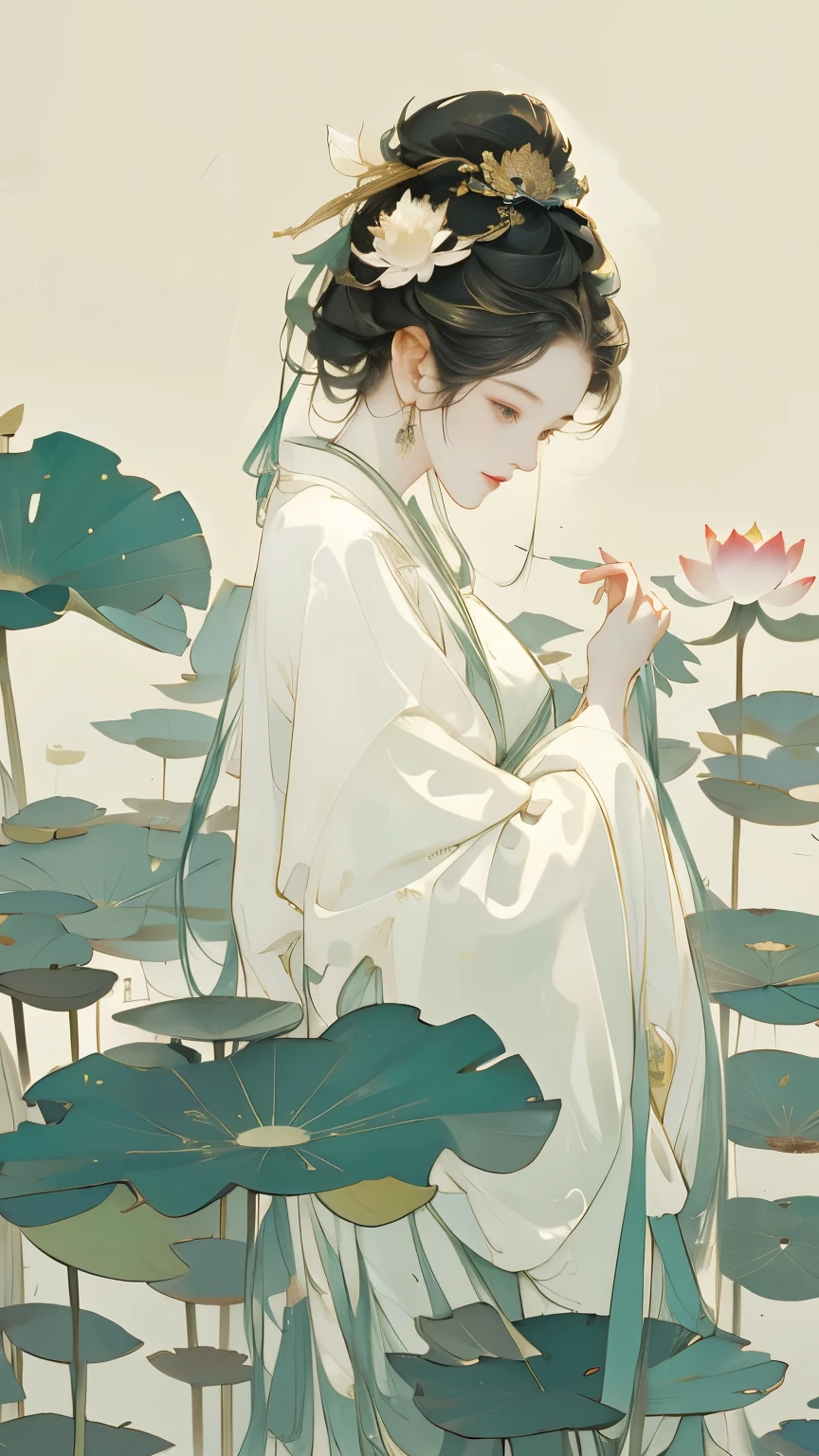 A girl playing hide-and-seek in the lotus pond,Dense lotus flowers and leaves
