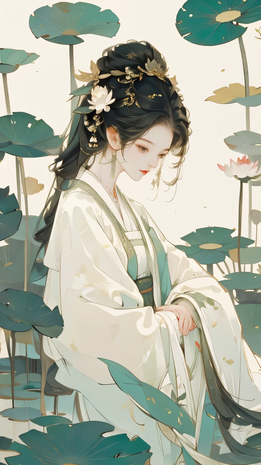 A girl playing hide-and-seek in the lotus pond,Dense lotus flowers and leaves