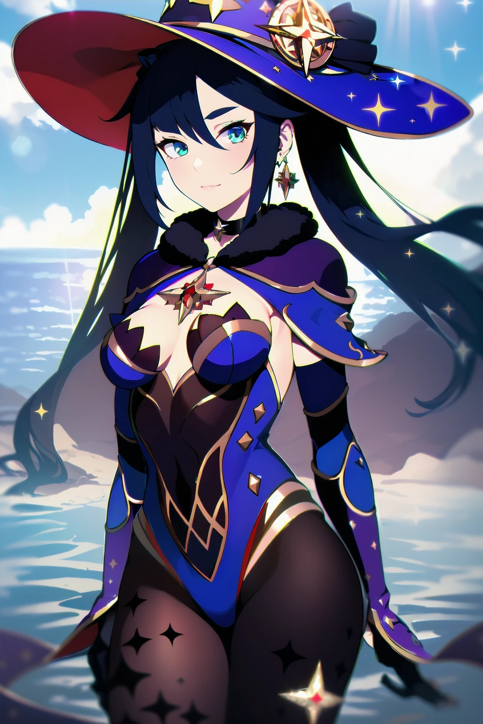 best quality, masterpiece, Mona, witch hat, bodystocking, choker, hair ribbon, earring, capelet, detached sleeves, medium breasts, perky breasts, closed mouth, looking at viewer, glint, lens flare, light rays, sparkle, ocean, horizon, cowboy shot, cloudy sky