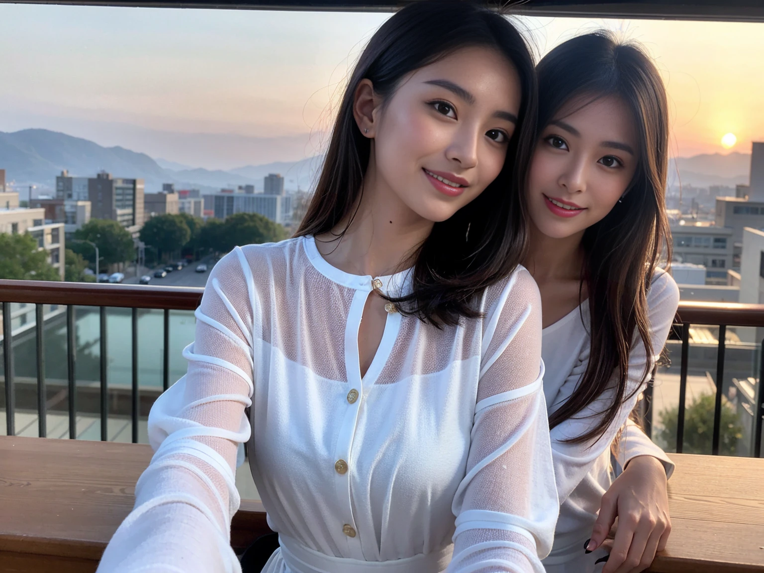 ((Highest quality、、masterpiece:1.3))、1 male、1 female,36 years old 39 years old、Put the light on my face、Slim Beauty、Beautiful couple、Upper Body、smile、 (Slim face), (the body is スリム), (Brown Hair), (Shortcuts), テーブルのフルコースディナーとwine glass、Amazing view of the sunset sky and clouds、smileの美しさ、Wine bottle、sparkling wine、Long sleeve shirt、dress、White wine, red wine, wine glass, Beautiful fine grain, Depth f/2,saturation, High Contrast, Strong light and shadow,Moist Body:1.5、 texture、The hair is very shiny、