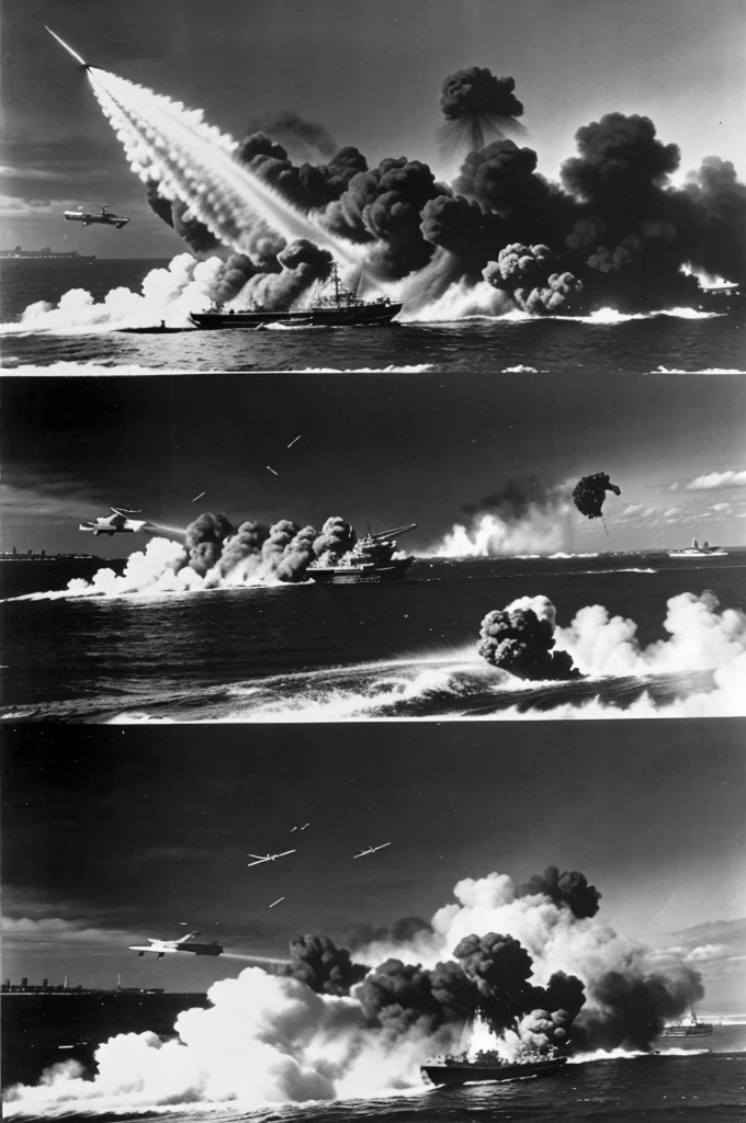 Japanese planes attacking Pearl Harbor, explosions, and burning ships.
