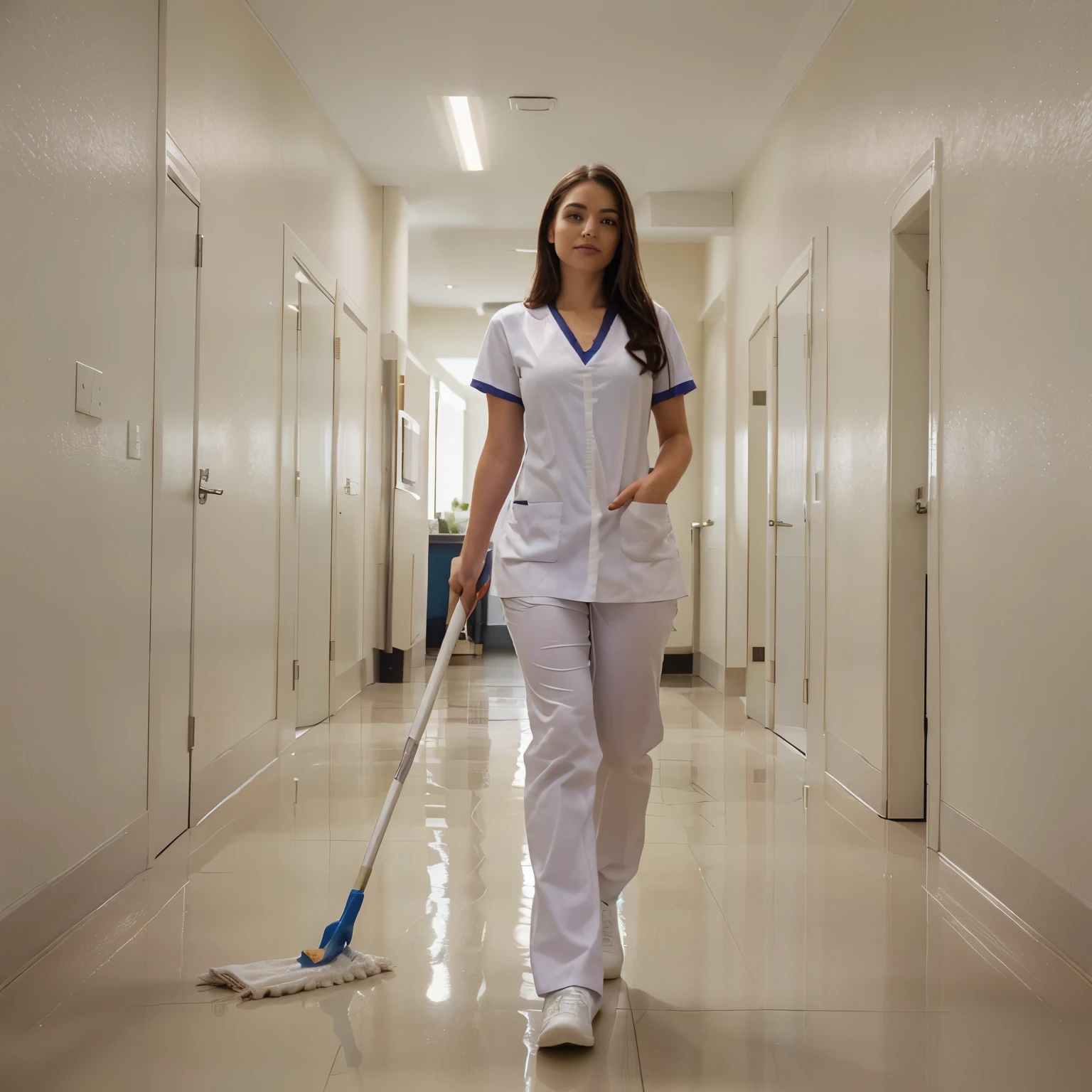 arafed woman in scrubs walking down a hallway with a mop, clean medical environment, clean, healthcare worker, nurse, nursing, cleaning future, holding a staff, shiny floors, holding a caduceus staff, sweeping, nurse scrubs, wet floors, cleanest image, wearing maid uniform, very clean, hq, clean detailed, crisp smooth clean lines