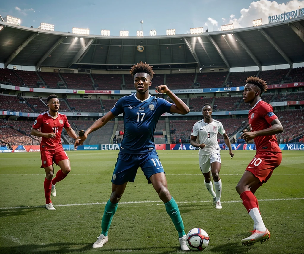 An action-packed image of Nigerian-born footballers playing in the EURO 2024 qualifiers. The image should show players like Bukayo Saka, David Alaba, and Tammy Abraham in action, showcasing their skills on the field. The background should feature a stadium filled with cheering fans, highlighting the excitement and energy of the qualifiers. The overall tone of the image should be dynamic and inspirational, reflecting the themes of talent, aspiration, and success.