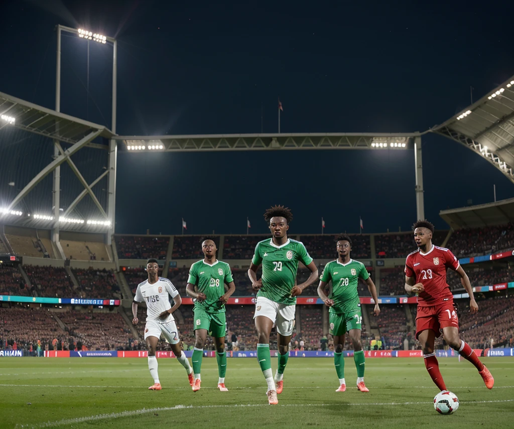 An action-packed image of Nigerian-born footballers playing in the EURO 2024 qualifiers. The image should show players like Bukayo Saka, David Alaba, and Tammy Abraham in action, showcasing their skills on the field. The background should feature a stadium filled with cheering fans, highlighting the excitement and energy of the qualifiers. The overall tone of the image should be dynamic and inspirational, reflecting the themes of talent, aspiration, and success.