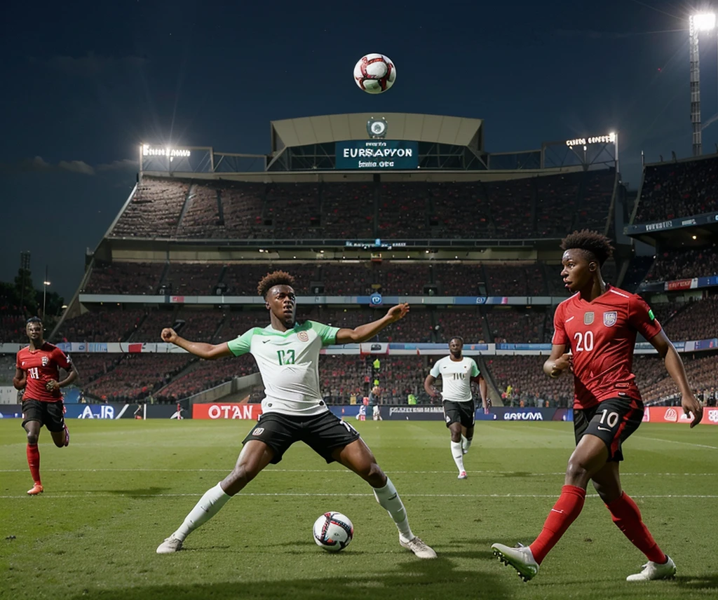 An action-packed image of Nigerian-born footballers playing in the EURO 2024 qualifiers. The image should show players like Bukayo Saka, David Alaba, and Tammy Abraham in action, showcasing their skills on the field. The background should feature a stadium filled with cheering fans, highlighting the excitement and energy of the qualifiers. The overall tone of the image should be dynamic and inspirational, reflecting the themes of talent, aspiration, and success.