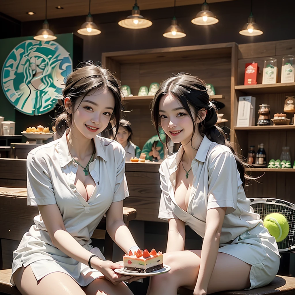 Cool beauty，Looks sweet, updo hair. only wearing dark green starbucks apron, off-shoulders, show clavage, (show big thigh, plump body), huge breast, full body photo, sitting on the floor. In coffee shop.