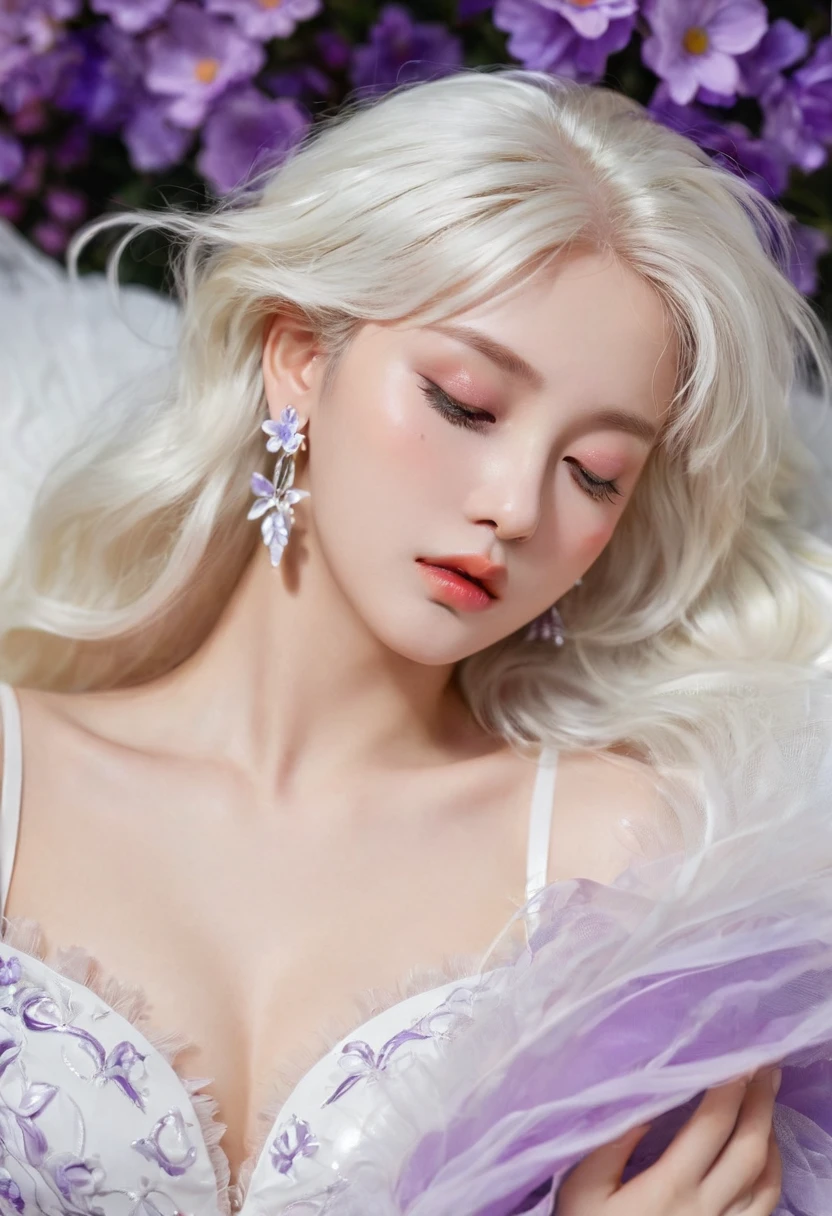 Masterpiece,Dazzling multicolored light,ultra detailed,A girl.,In the flowers,**** a sleeping princess,Earrings,White feather tulle,Long white eyelashes,Extra-long hair is slightly curly,White hair,(Hair takes up the entire frame),a charming face,Glowing lips,clavicle,Shoulder exposure,Floating petals,Dreamy and beautiful,The characters are thick and painted.,Fine strokes,Wallpaper,The background is graded with white and purple,anime aesthetic,Poolcoreanime beauty,Hyperrealism,sparkle,textured skin,super detail,best quality,8k, ,
