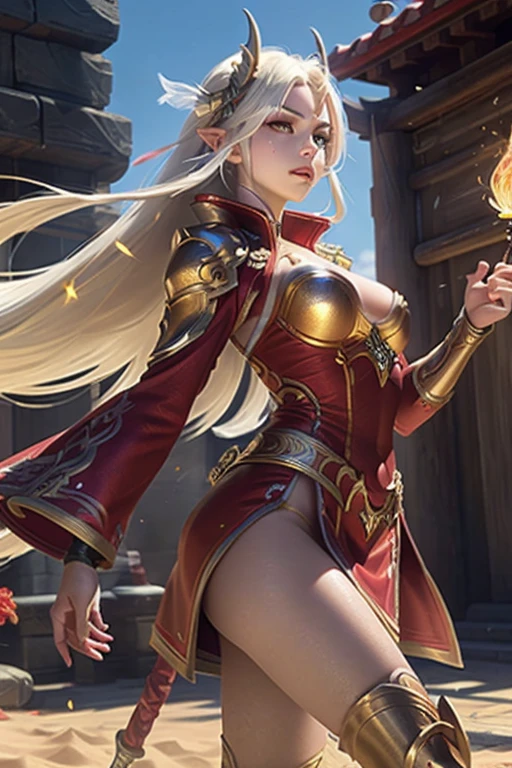 (Best Quality,hight resolution,Masterpiece:1.2),HDR,Ultra-detailed,Realistic,Photorealistic:1.37, Girl with long hair, red eyes, solo, white long dress, Irelia, looking at the viewer, white colored hair, bronya, lips, corner, symmetric eyes, medieval background, Chinese, Ancient battlefield, Chinese female general, holding a sword in her hand, Serious expression, whole body, Stunning facial features, Red robe, armor, boots, Yellow sand flying in the sky, Fire, game model, stunning lighting, oc rendering, Film Rim Light, exquisite lighting, Ultra Detailed, Epic creation, Ultra HD, best quality, masterpiece, high quality, 8K