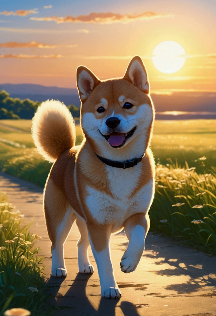 Makoto Shinkai Taste, Beautiful sky, （A running Shiba Inu puppy, Detailed eyes ）,Romantic Landscape, Healing scenes, Light pours in,hope, Makoto Shinkai Taste,Japanese Landscape, Sunset,Beautiful backlighting,Nostalgic