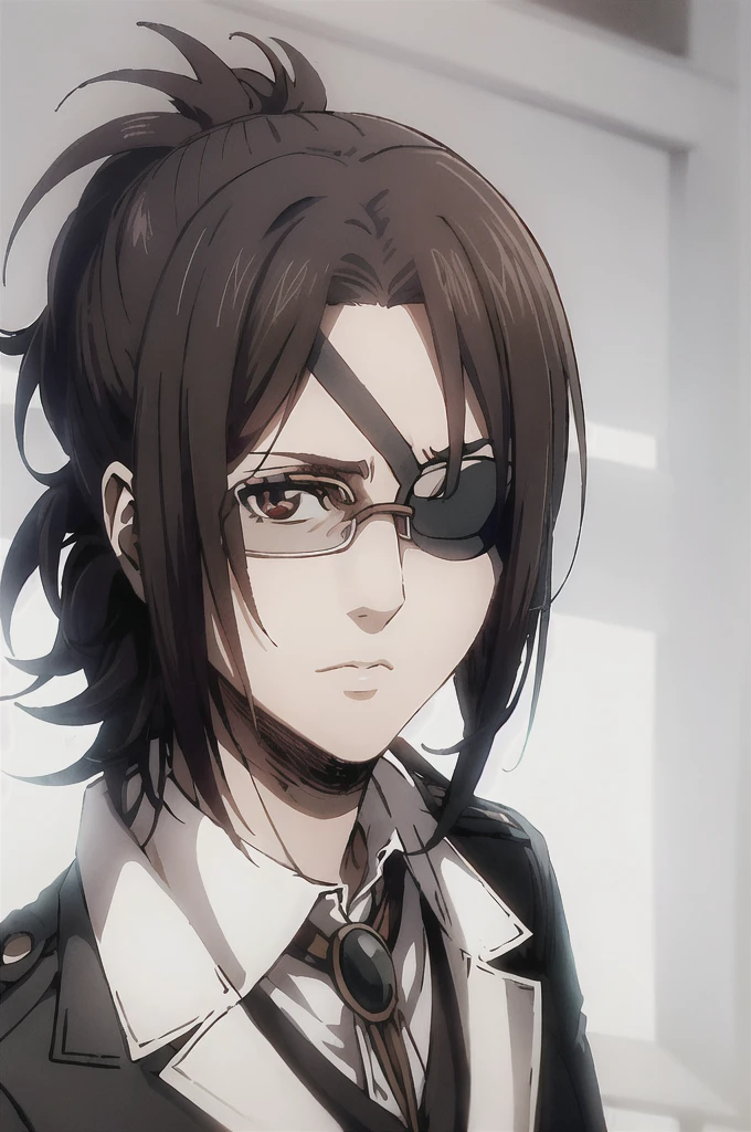 portrait of beautiful HangeAOT, 1girl, solo, black_hair, glasses, eyepatch, brown_background, Perfect black silk suit , Masterpiece