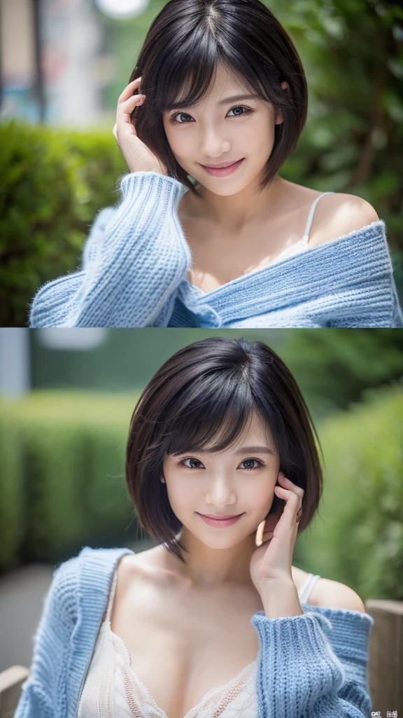 (masterpiece:1.3), (8K, Photorealsitic, Raw photography, Top image quality: 1.4), Japan high school girls、(short hair hairstyles:1.2)、cleavage of the breast:2.2、Super Detail Face、Eye of Detail、double eyelid、Bring your chest together、sharp focus:1.2、prety woman:1.4、light black hair、top-quality、masterpiece、超A high resolution、(Photorealsitic:1.4)、Highly detailed and professional lighting smile with dimples、Loose and light knitwear blue、Shoulder out、slender、serious facial expression、short-haired、Fatal position