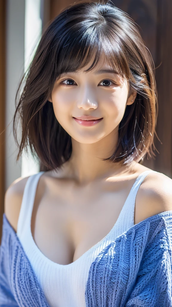 (masterpiece:1.3), (8K, Photorealsitic, Raw photography, Top image quality: 1.4), Japan high school girls、(short hair hairstyles:1.2)、cleavage of the breast:2.2、Super Detail Face、Eye of Detail、double eyelid、Bring your chest together、sharp focus:1.2、prety woman:1.4、light black hair、top-quality、masterpiece、超A high resolution、(Photorealsitic:1.4)、Highly detailed and professional lighting smile with dimples、Loose and light knitwear blue、Shoulder out、slender、serious facial expression、short-haired、Fatal position