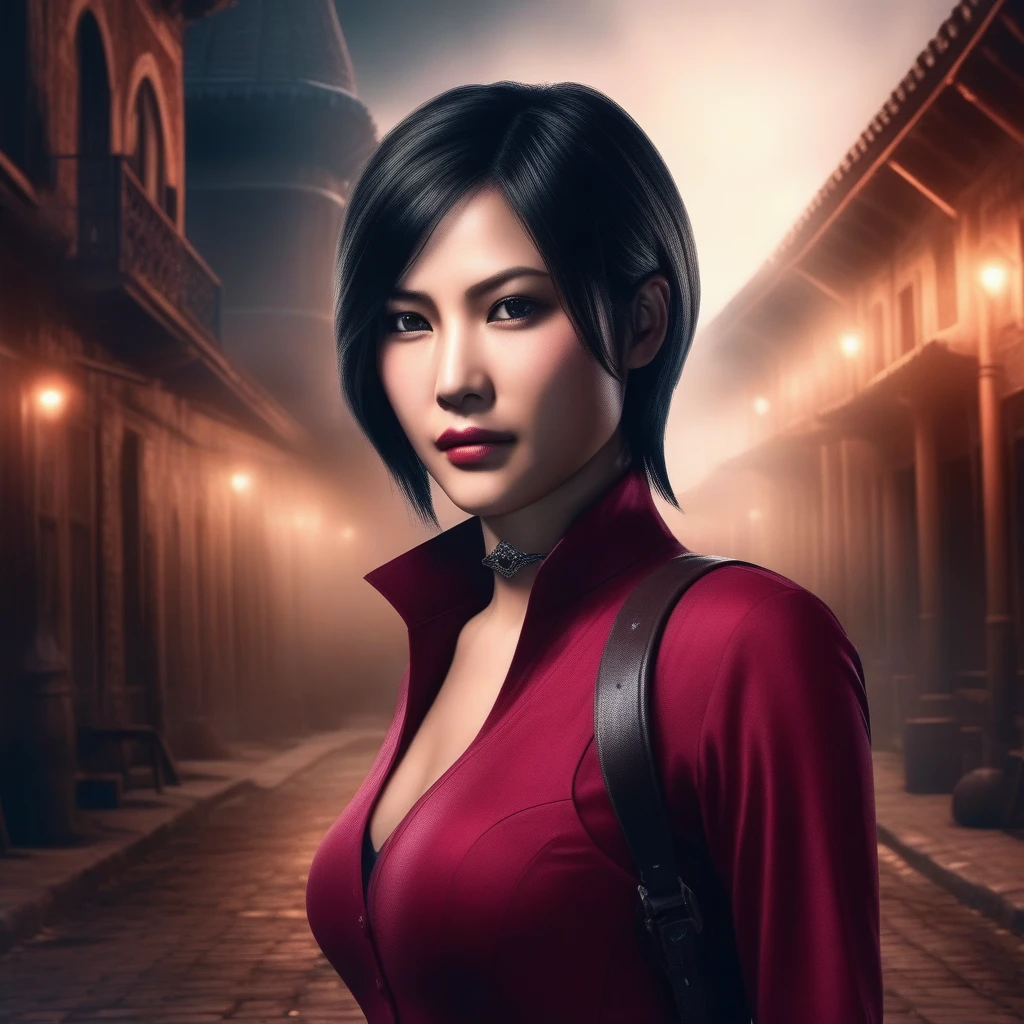 Ultra-realistic extremely detailed real life 8k masterpiece of a gorgeous asian woman re ada wong wearing re4 style dress in a dark alley at night, extremely detailed facial features, dark scary epic lighting, horror composition