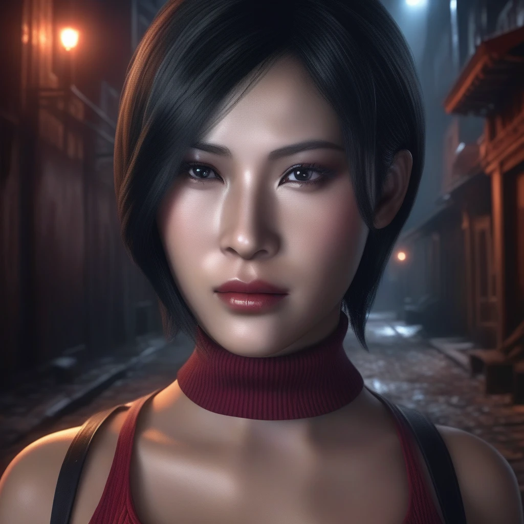 Ultra-realistic extremely detailed real life 8k masterpiece of a gorgeous asian woman re ada wong wearing re4 style dress in a dark alley at night, extremely detailed facial features, dark scary epic lighting, horror composition