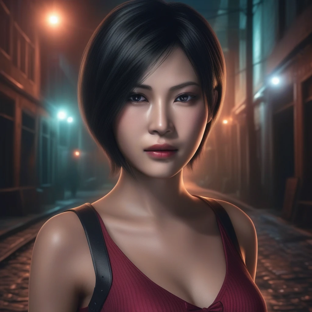 Ultra-realistic extremely detailed real life 8k masterpiece of a gorgeous asian woman re ada wong wearing re4 style dress in a dark alley at night, extremely detailed facial features, dark scary epic lighting, horror composition