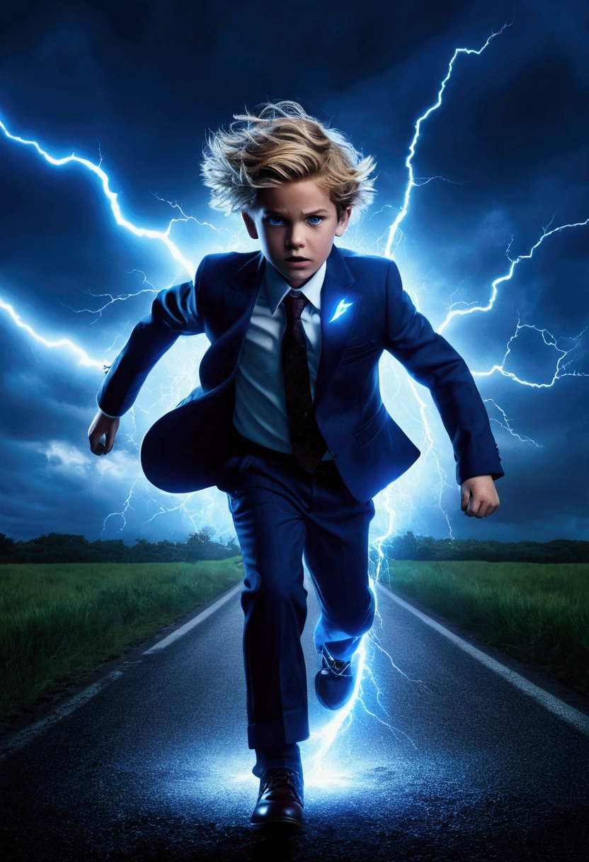 A boy who got struck by lighting and got speed, flying, lighting bolts, Suit blue with glowing lighting symbol, hair colour dark blue, stormy enviroment
