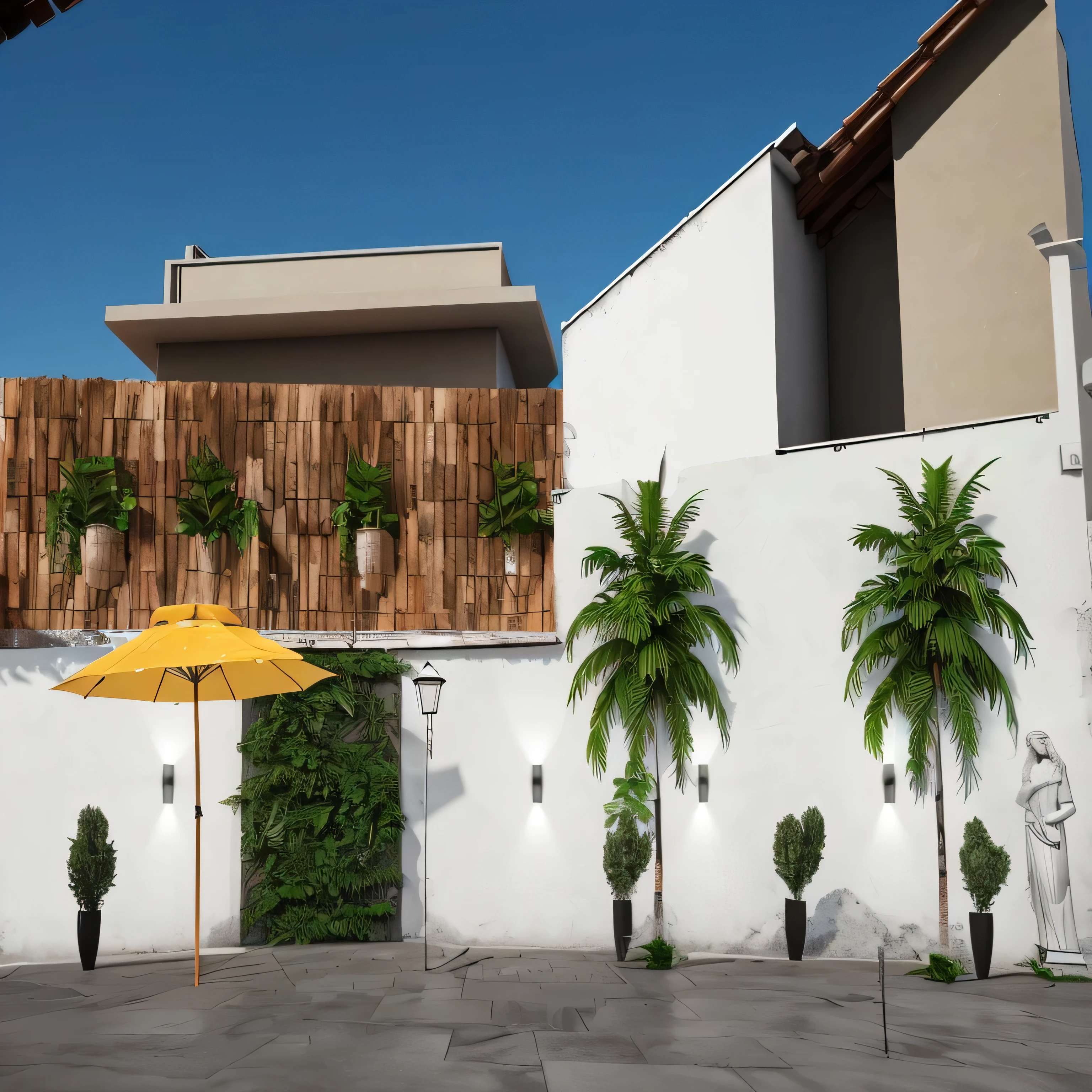 A white wall, pots with plants and ferns, gray floors, a light post, red stones on the wall, two coconut trees, a parasol and a statue in the corner. renderização lumion, renderizar 3d, renderização arquitetônica, renderização lumioning.