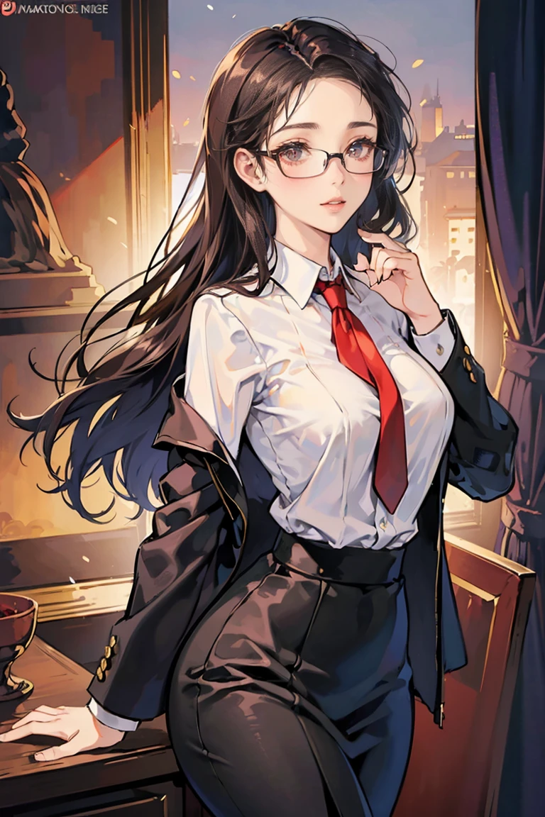 anime - (masterpiece), best quality, seductive eyes, cute face, dark brown eyes, middle length dark hair, business suit, rounded glasses, tall woman, long legs, adult-like female, 1girl, medium sized , school background