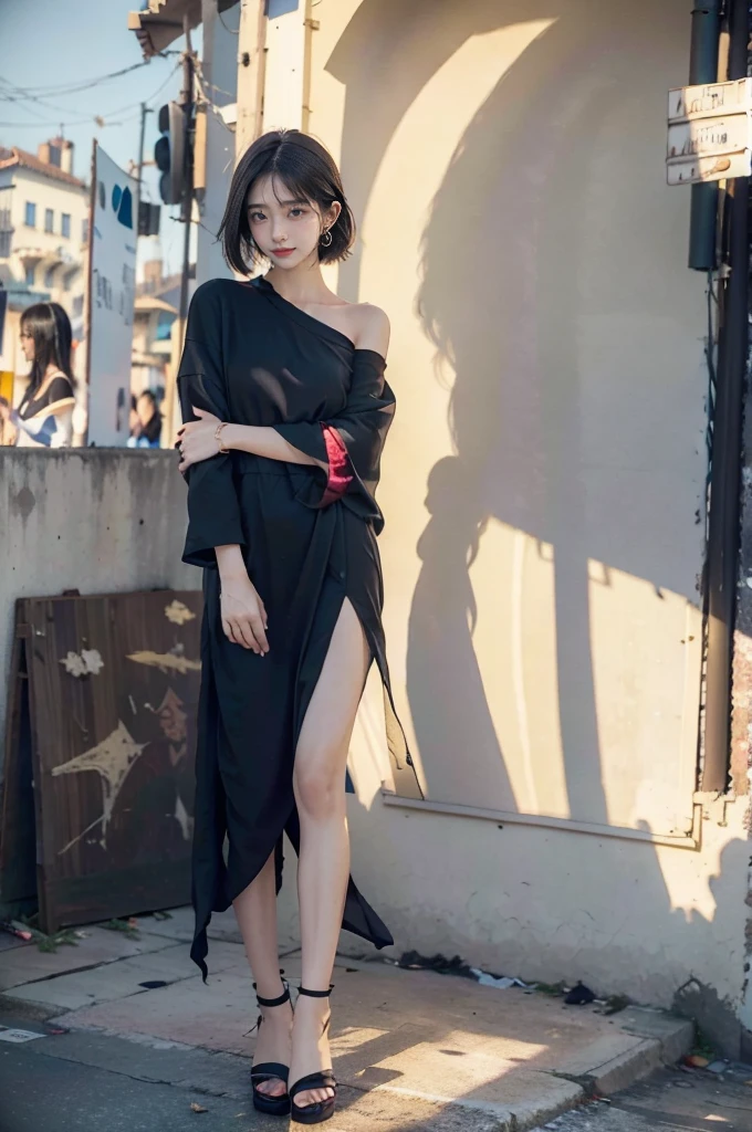 (((best quality))),(((Extremely detailed))),(((masterpiece))),illustration,1 Girl,Slim,Active Cotton Dress,Short straight hair,flat chest,permanent, Bustling city streets,Surrounded by a crowd, rich and colorful,Enjoy the sights and sounds,(Dark black skin:1.5),(Day scene:1.3),whole body,Stand in front of you,Place your hands at your sides,Sunlight,Long legs,sandals,Sunlight