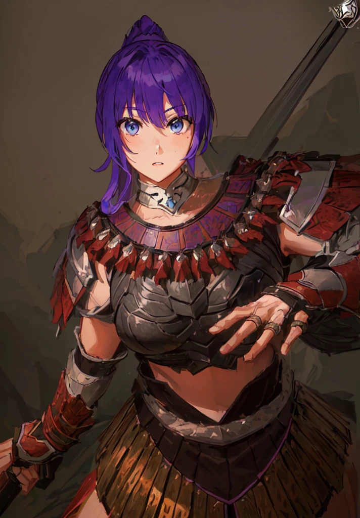 Wearing armor、Anime image of a woman holding a spear, Armor Girl, With scaly armor, Purple Armor, wearing monster hunter armor, A very beautiful berserker woman,Anime Art,Three Kingdoms志,Three Kingdoms。big boods,big ,huge ,sex body,Purple Hair,Blue Eyes,Black Leather,Brown skin,dark skin,
