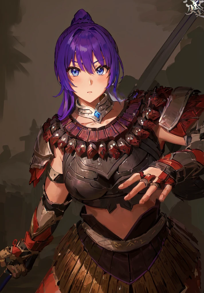 Wearing armor、Anime image of a woman holding a spear, Armor Girl, With scaly armor, Purple Armor, wearing monster hunter armor, A very beautiful berserker woman,Anime Art，Three Kingdoms志，Three Kingdoms。big boods，big ，huge ，sex body，Purple Hair，Blue Eyes，Black Leather，Brown skin，dark skin，