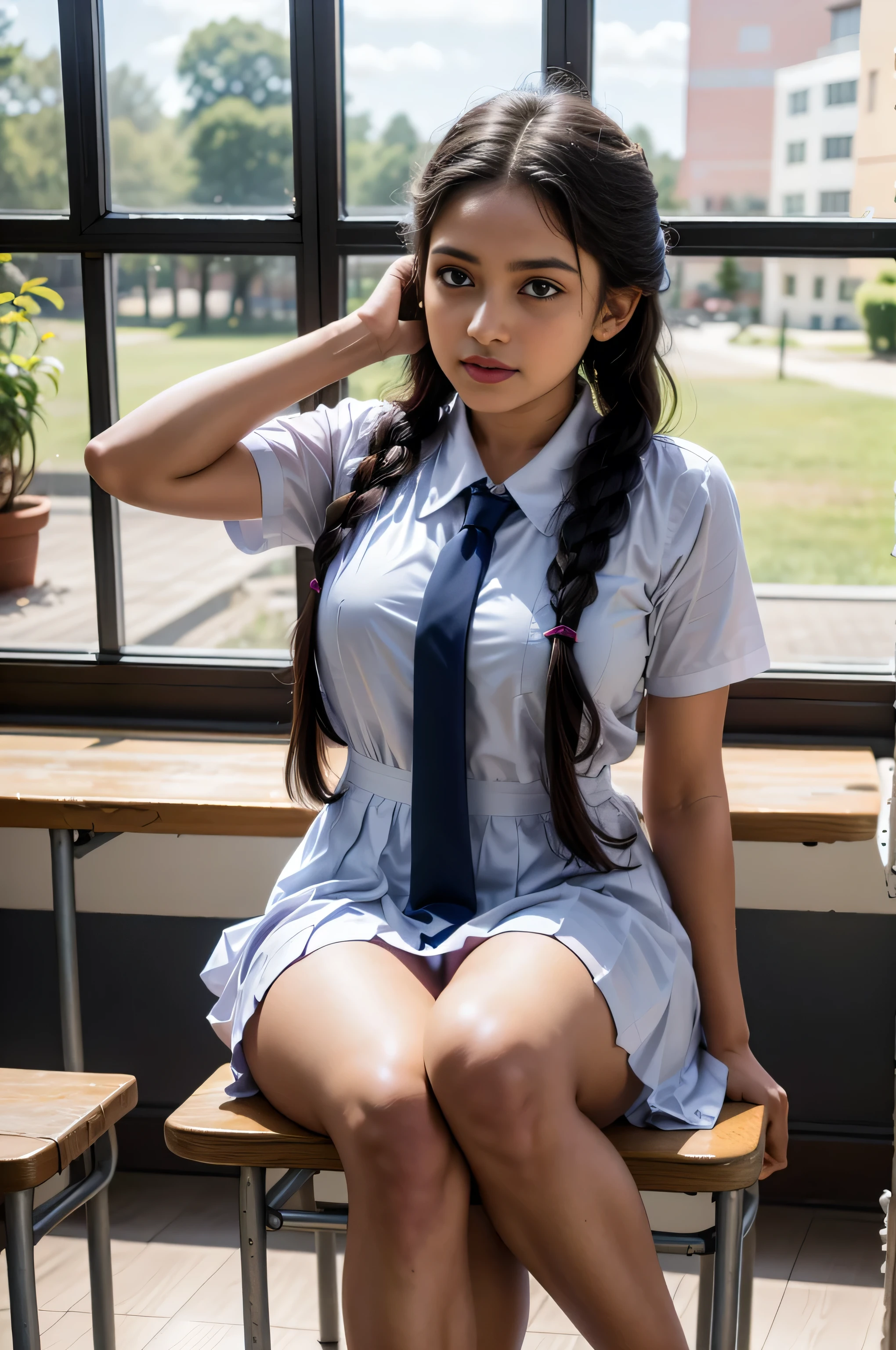 Raw photo , 1 girl ,Wearing white frock and color tie, white shoes, (( girl studying on on in the classroom)), with plait, biggest breasts size , professional photographer, (hdr:1.4), masterpiece, ultra-realistic 8k, perfect artwork, intrincate details, cute face, award winning photograph, (Best quality, 8k, 32k, Masterpiece, UHD:1.3) ,