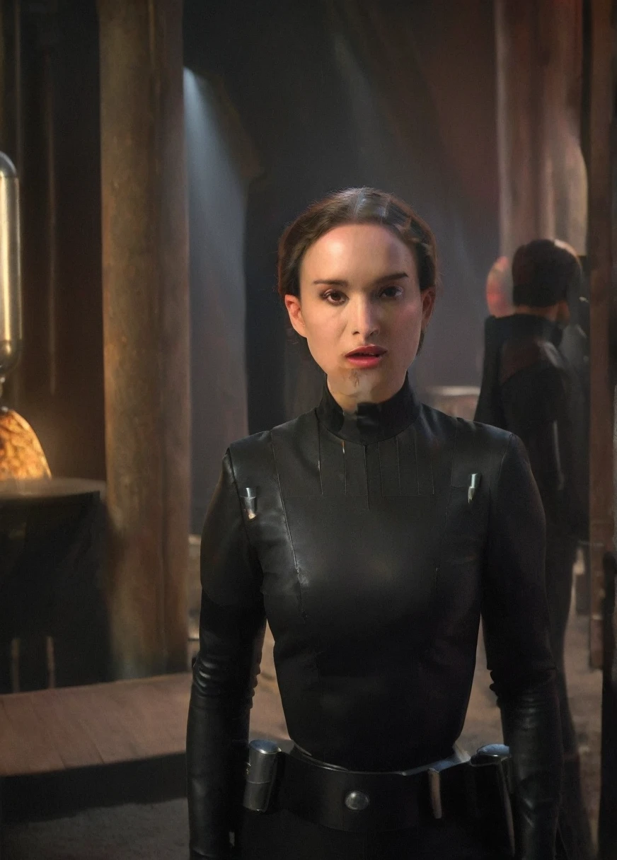 high resolution photo face close-up of p4dme woman sitting in a star wars cantina,looking at camera,black uniform,hair chignon,full body shot,Imperial officer wearing a (color) uniform depth of field,volumetric lighting,sunrise,(surreal dramatic lighting shadow) Waiting to start
