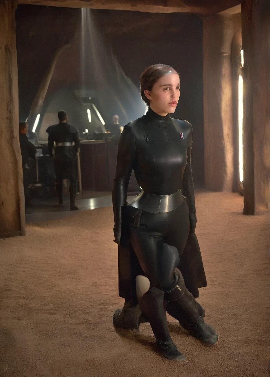 high resolution photo face close-up of p4dme woman sitting in a star wars cantina,looking at camera,black uniform,hair chignon,full body shot,Imperial officer wearing a (color) uniform depth of field,volumetric lighting,sunrise,(surreal dramatic lighting shadow) Waiting to start
