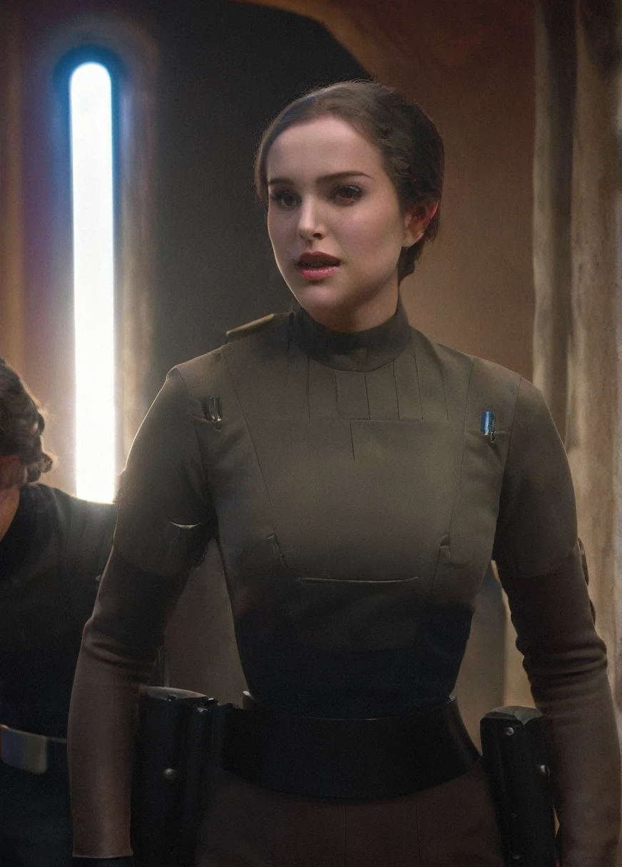 high resolution photo face close-up of p4dme woman sitting in a star wars cantina,looking at camera,black uniform,hair chignon,full body shot,Imperial officer wearing a (color) uniform depth of field,volumetric lighting,sunrise,(surreal dramatic lighting shadow) Waiting to start
