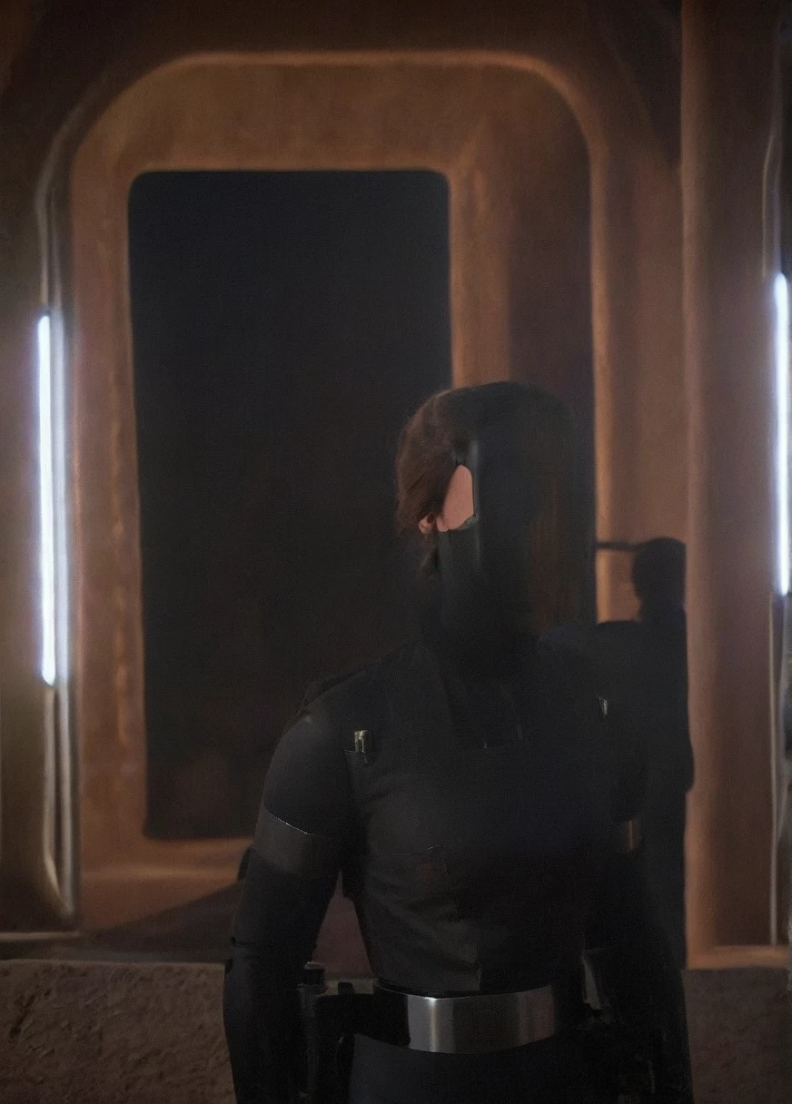 high resolution photo face close-up of p4dme woman sitting in a star wars cantina,looking at camera,black uniform,hair chignon,full body shot,Imperial officer wearing a (color) uniform depth of field,volumetric lighting,sunrise,(surreal dramatic lighting shadow) Waiting to start