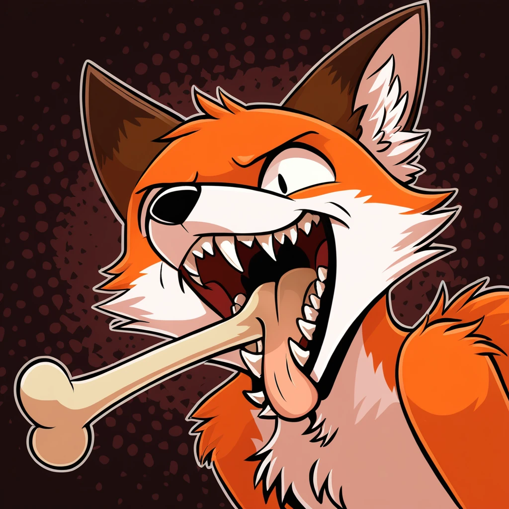 a fox licking a bone furiously in horror cartoon art style