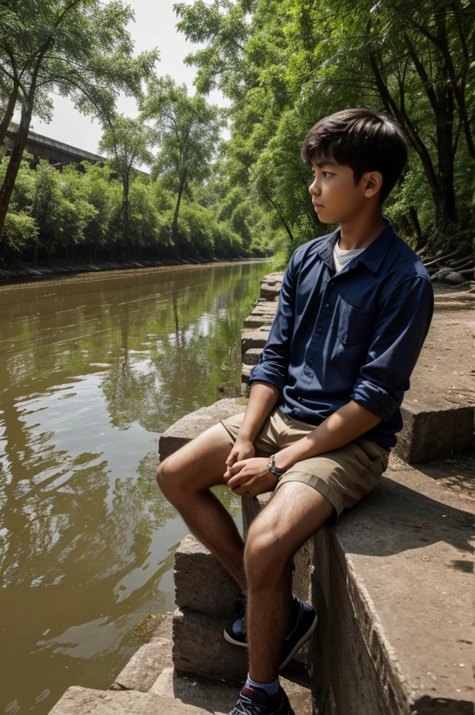 A boy is sitting far away from a girl, he is looking at the girl blankly, a river is passing by