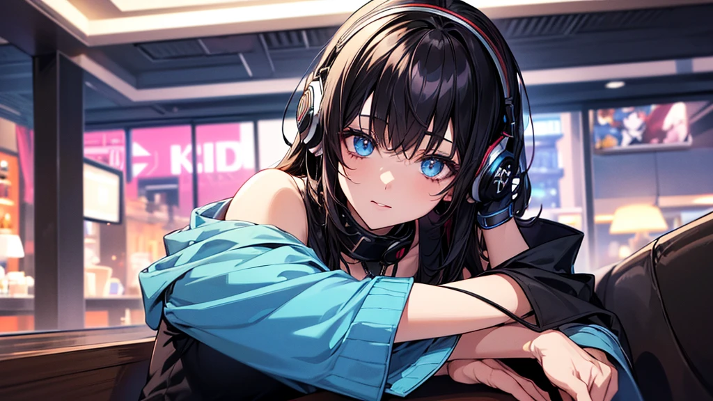 ((UHD, super detail, best quality, highres)),black hair, hair over shoulder, medium hair, blue eyes, (headphones), anime, anime style, Relaxing in a cafe at night.,(She shifts her sunglasses and stares at us.)