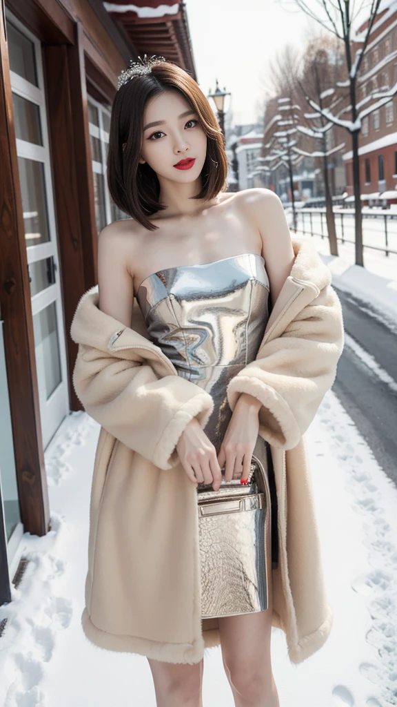 best quality, 4K, 8K, detailed face, clear face, pretty girl, korean makeup, red lips,laugh, perfect body,shoulder length straight bob hair,,femur,slim,thin, The girl wears a long and wide mink fur coat, A beige dress was visible underneath the jacket., snow scene, winter, garden,