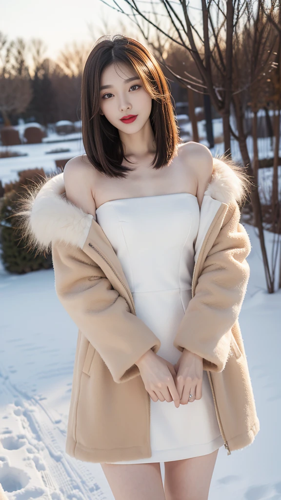 best quality, 4K, 8K, detailed face, clear face, pretty girl, korean makeup, red lips,laugh, perfect body,shoulder length straight bob hair,,femur,slim,thin, The girl wears a long and wide mink fur coat, A beige dress was visible underneath the jacket., snow scene, winter, garden,
