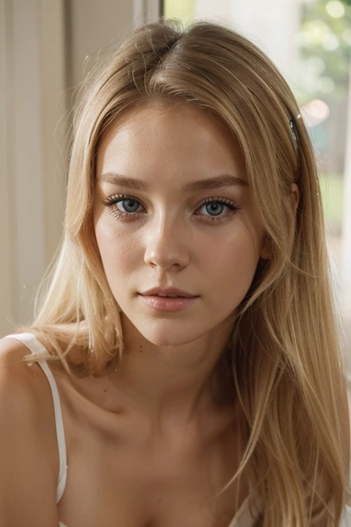 Belle fille blonde avec un visage ravissant, elle a des beaux cheveux, elle a un regard dragueur