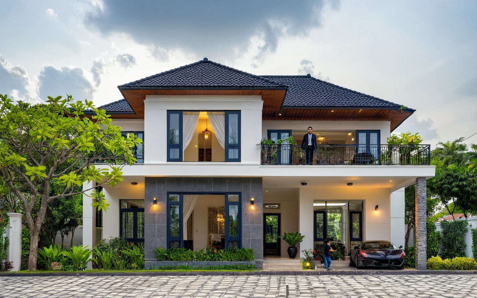 (masterpiece:1.2), best quality, photo of A two-story modern house in VietNam with dark tiles on the roof., dark granite tiled wall, neo classic detail, tree and plant environment,daylight, streetcapes, natural light, vivid color, The exterior of an elegant single family home features large windows, a dark gray door frame.